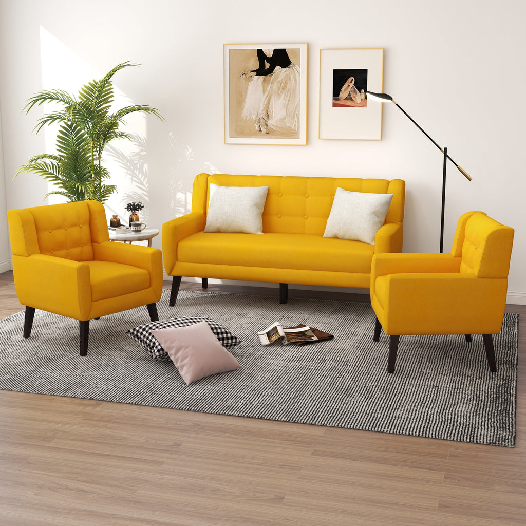 Yellow Tufted Linen Cotton Loveseat with 2 Accent Chairs E2666