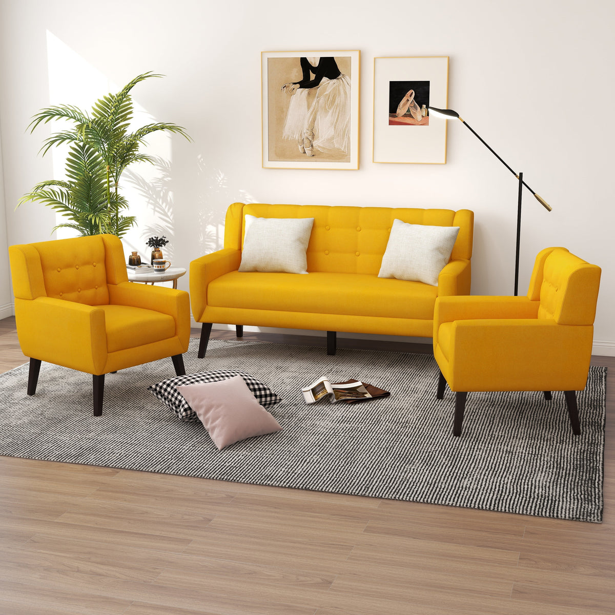 Yellow Tufted Linen Cotton Loveseat with 2 Accent Chairs E2666