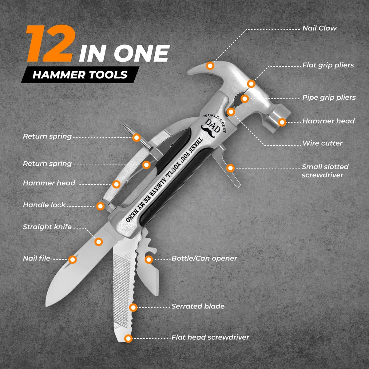 Stainless Steel Hammer Multitool with case and clip R1406