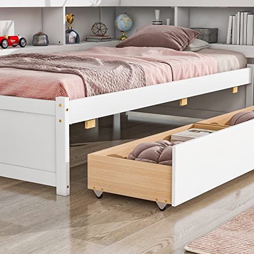 Grey Full Size Wooden Platform Bed with Two Storage Drawers and L-Shaped Bookcase I13768