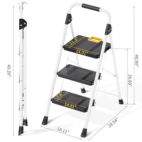 White 3 Step Folding Ladder with Handrail Q3128