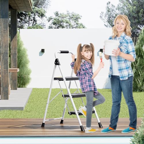 White 3 Step Folding Ladder with Handrail Q3128