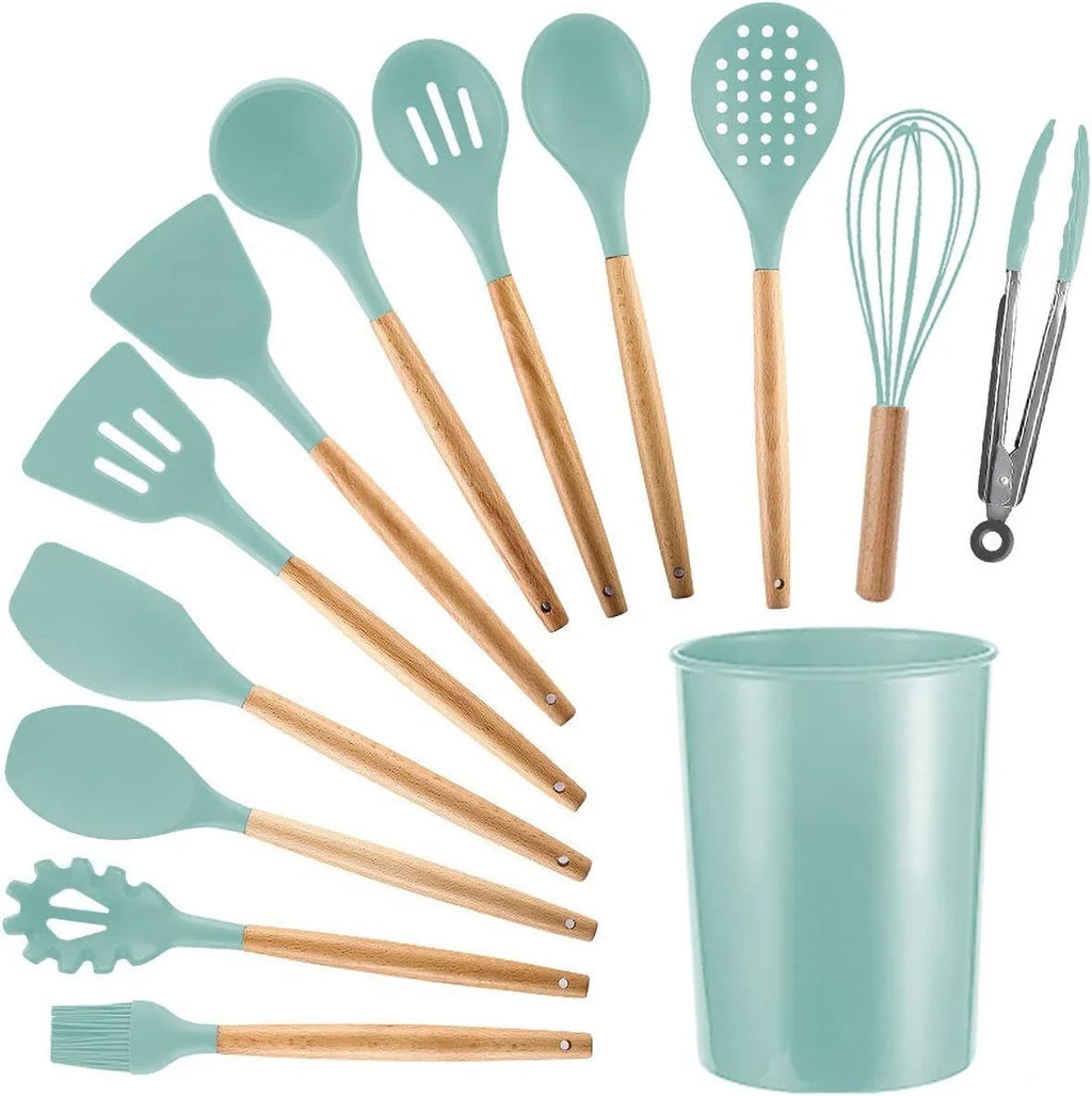 11 Pcs Non-Stick Silicone Cooking Utensils Set with Wooden Handle (Light Green) D344