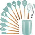 11 Pcs Non-Stick Silicone Cooking Utensils Set with Wooden Handle (Light Green) D344