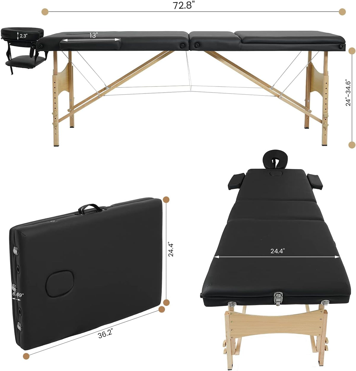 Black 3 Fold Portable Massage Bed with Carrying Case W22204