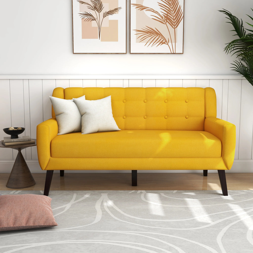 Yellow Tufted Linen Cotton Loveseat with 2 Accent Chairs E2666