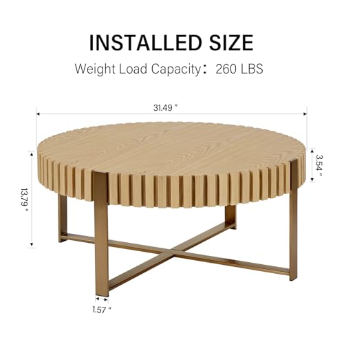 31.5'' Round Solid Wood Coffee Table with Stainless Steel Gold Legs E51985