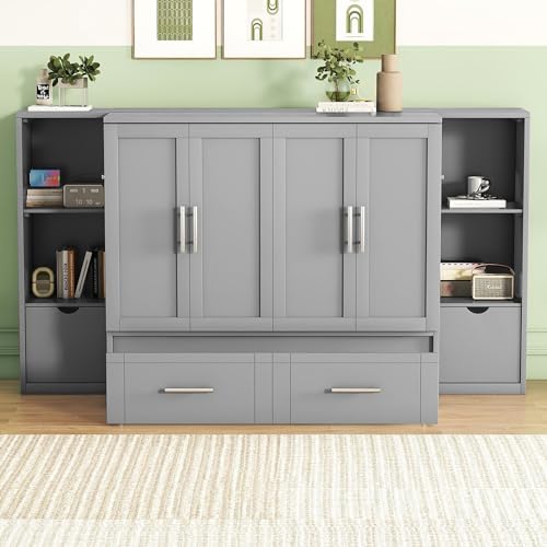 Queen Size Murphy Bed with Storage 2 Drawers and Shelves M91225