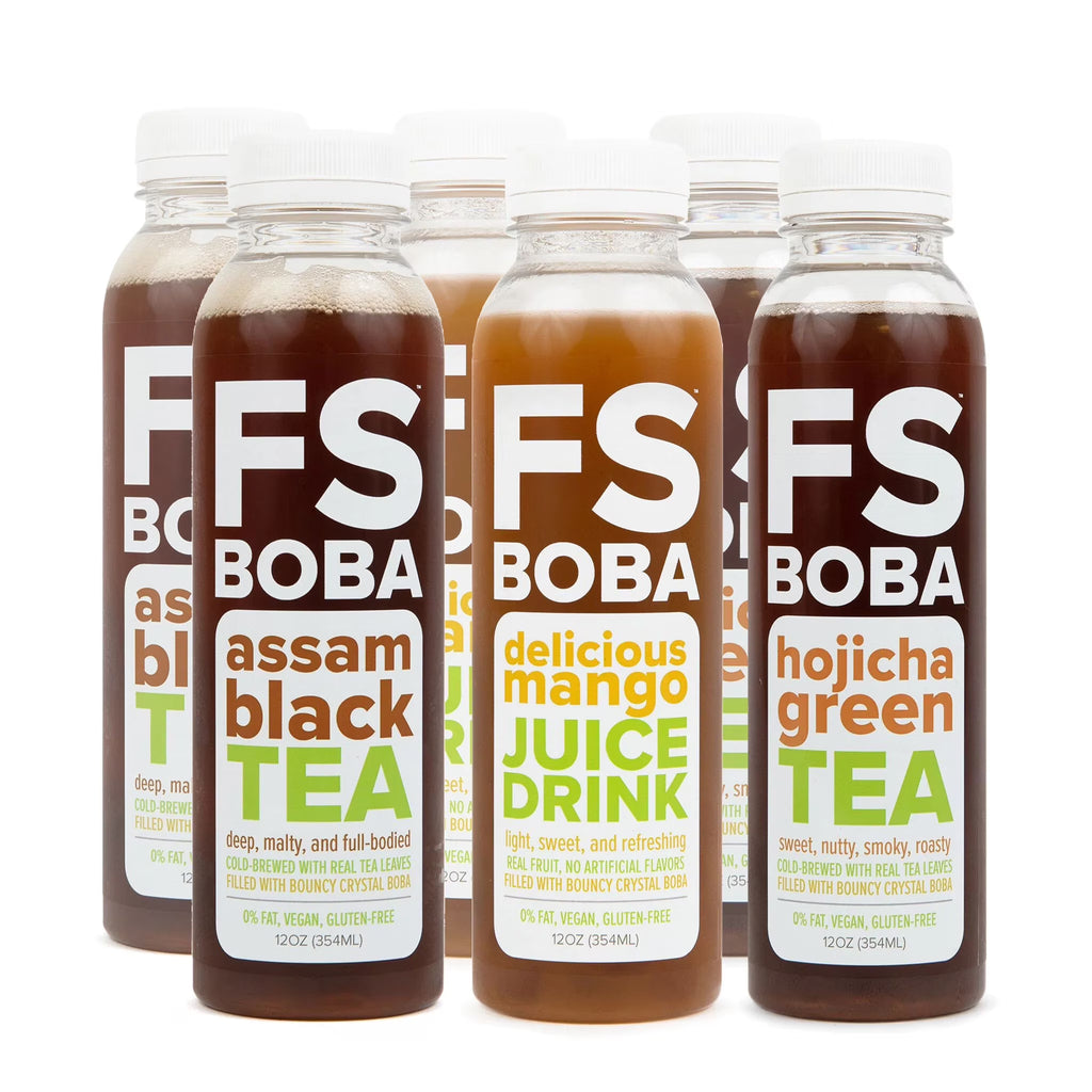 Assam Black, Hojicha Green, Mango Juices with Crystal Boba, 6-Pack of 12oz Bottles X15632
