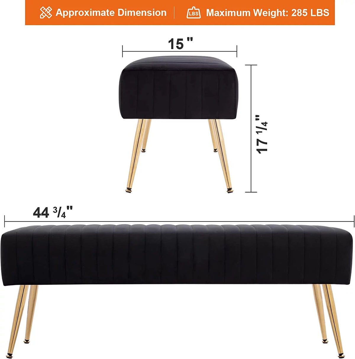 44 Inch Velvet Ottoman Bench with Gold Legs O3150