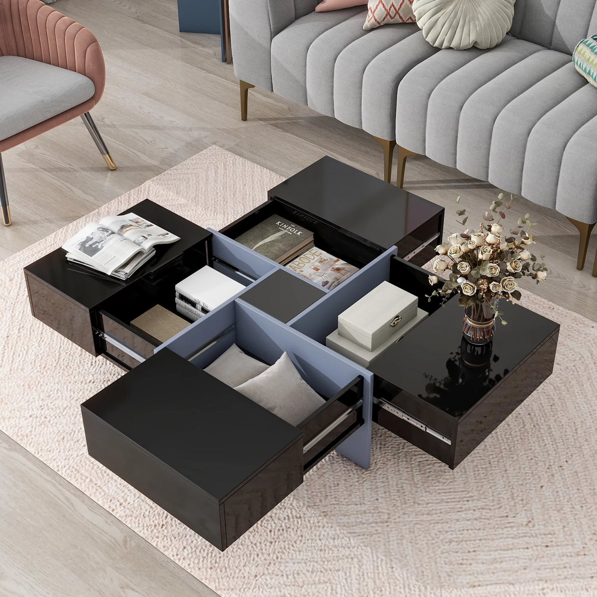 Black Square Coffee Table with 4 Hidden Storage Compartments H45633