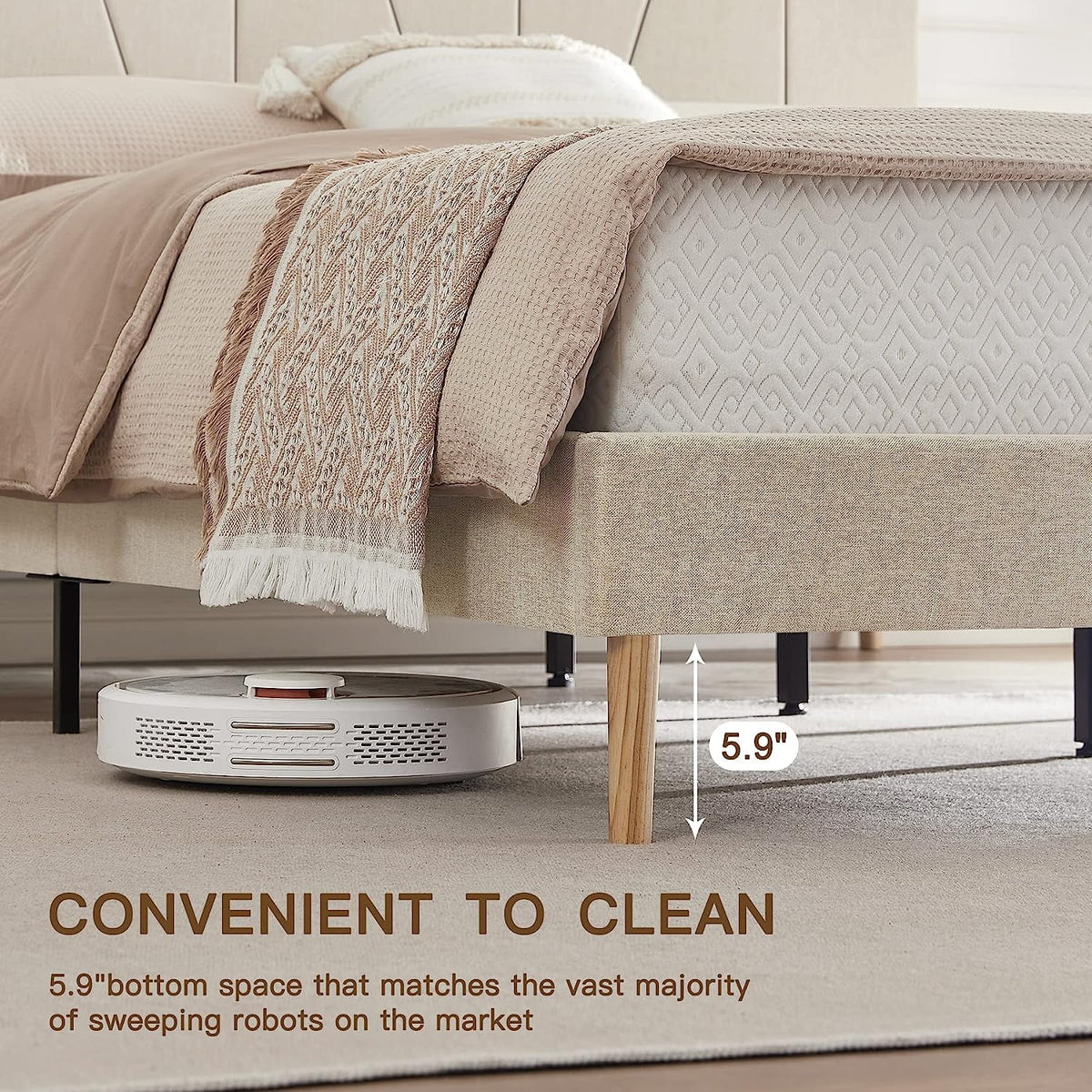 King Size Beige Fabric Upholstered Platform Bed Frame D75168