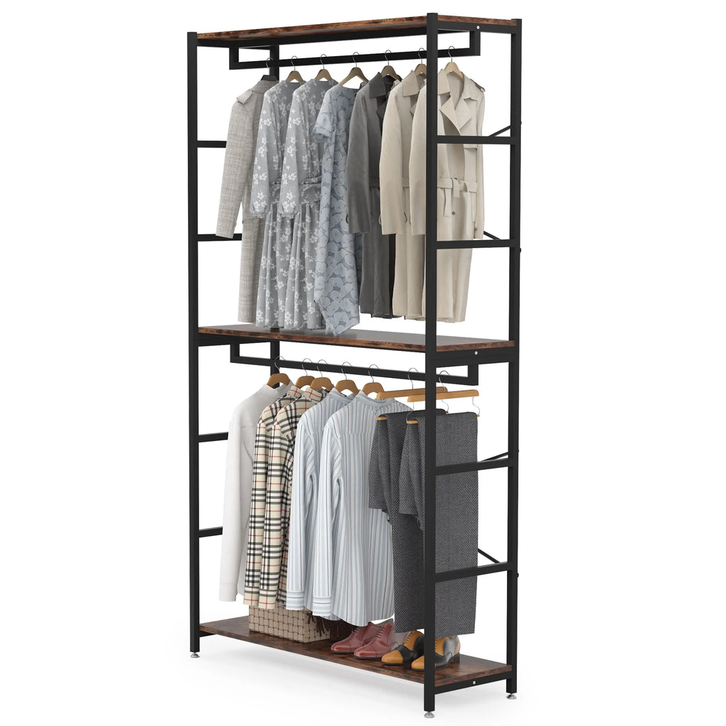 86 inches Double Rod Closet Organizer, Freestanding 3 Tiers Shelves Garment Racks M180