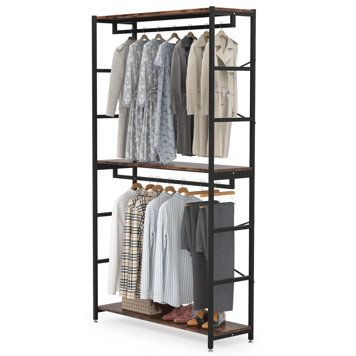 86 inches Double Rod Closet Organizer, Freestanding 3 Tiers Shelves Garment Racks M180