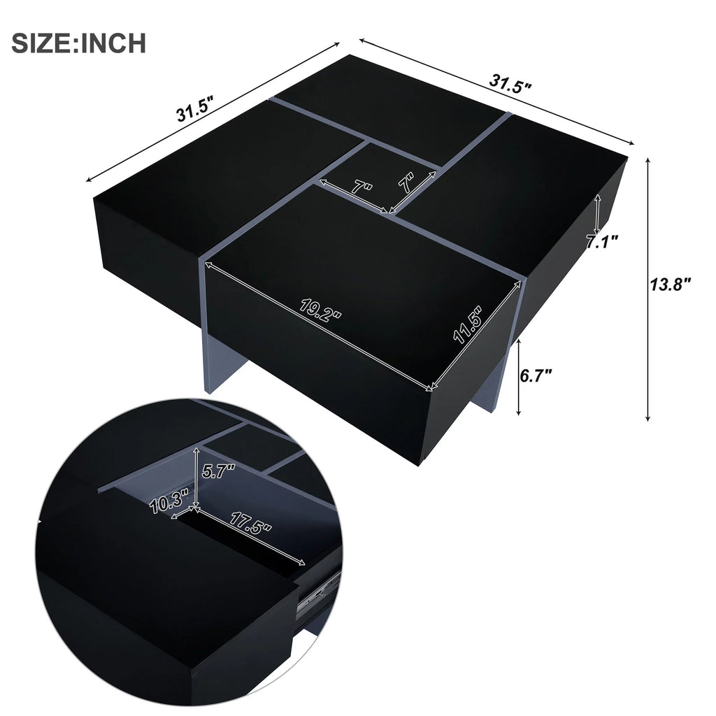 Black Square Coffee Table with 4 Hidden Storage Compartments H45633