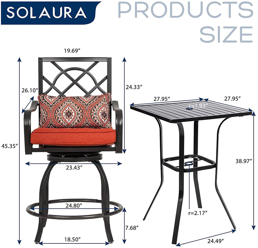 3 Pieces Outdoor Bar Height Bistro Set with Swivel Stools and Table, Black V575