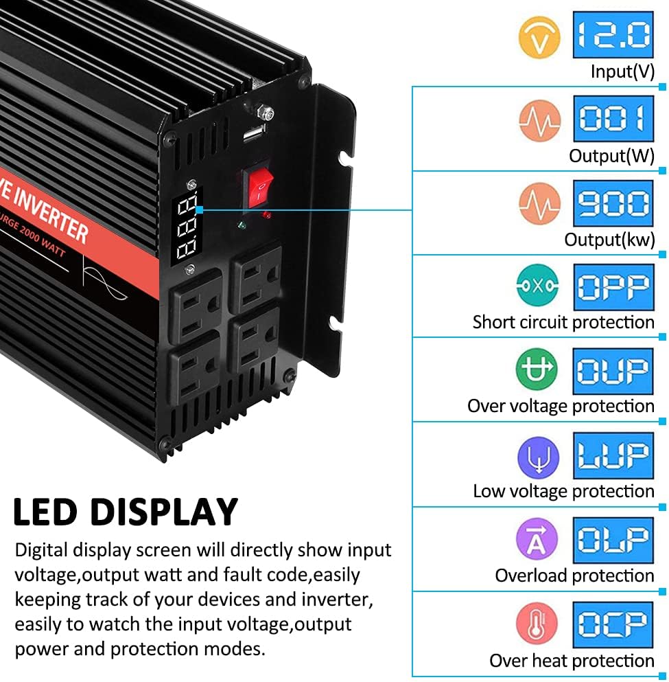 1500 Watt Pure Sine Wave Power Inverter 12V DC to 110V AC 60HZ with 4 AC Outlets and 1 USB Output I241