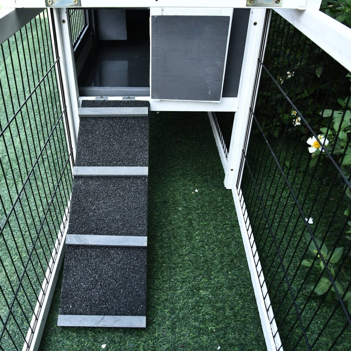Solid Wood Rabbit Hutch with Black Metal Cage and Easy Clean Tray Q7798
