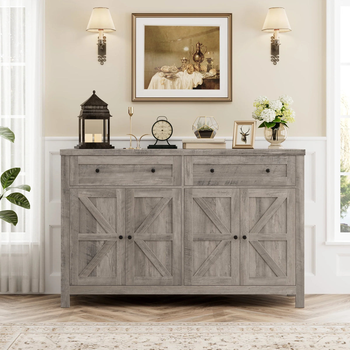 Gray 4-Doors 2-Drawers Wood Buffet Sideboard C4901
