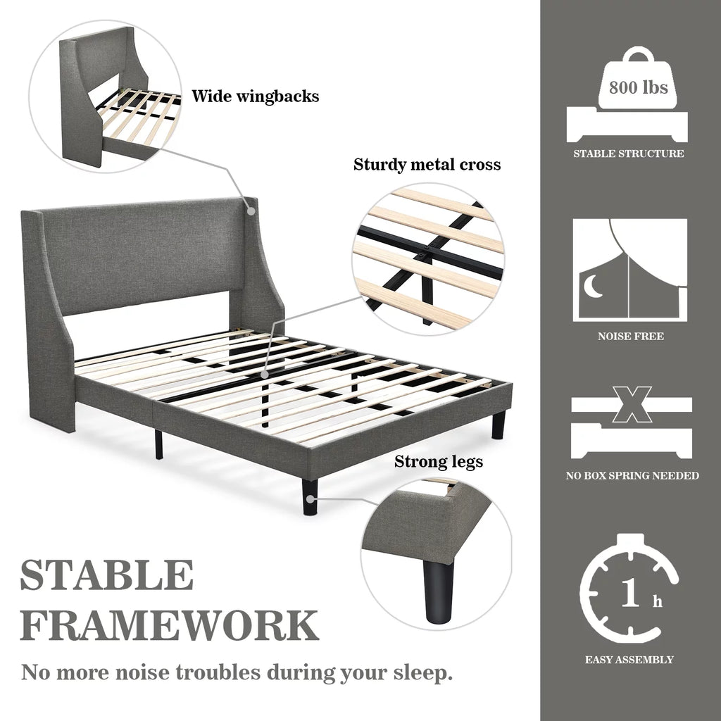 Queen Size Light Grey Upholstered Platform Bed Frame with Wingback Headboard P97254