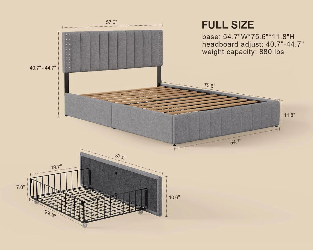 Light Grey Full Size Bed Frame with Storage Drawers E446966