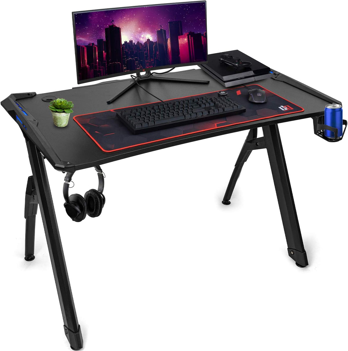 Ultrawide Curved LED Computer Desk, Waterproof Carbon-Fiber Surface, 6-Color RGB Lighting Accents, Cup Holder, 31.5 Mouse Pad S8987