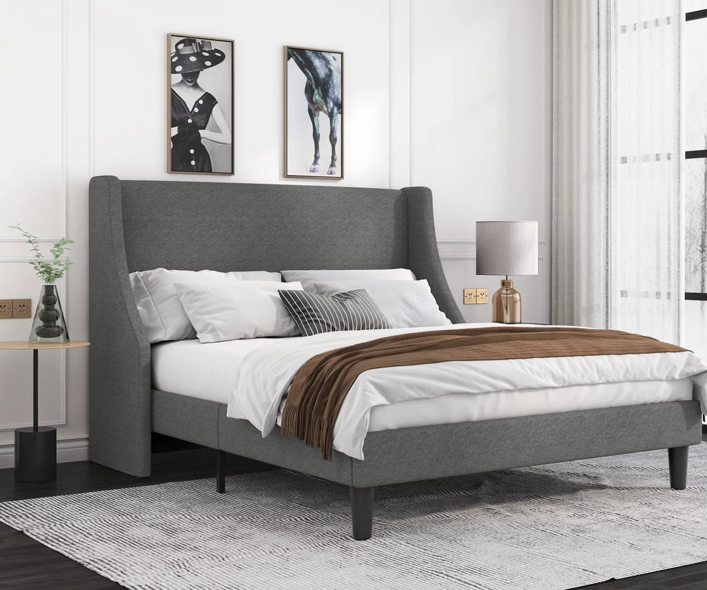 Queen Size Light Grey Upholstered Platform Bed Frame with Wingback Headboard P97254