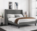 Queen Size Light Grey Upholstered Platform Bed Frame with Wingback Headboard P97254