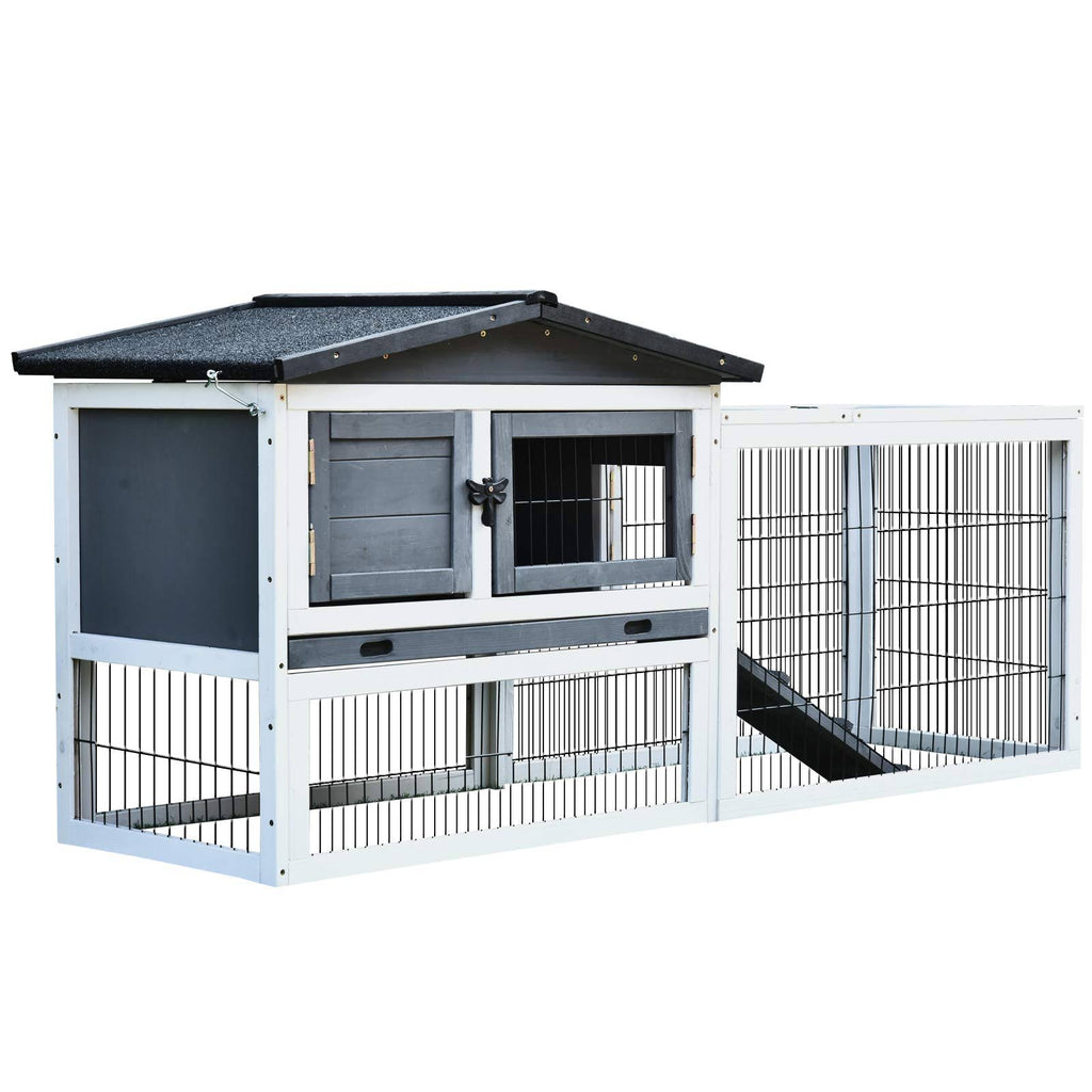 Solid Wood Rabbit Hutch with Black Metal Cage and Easy Clean Tray Q7798