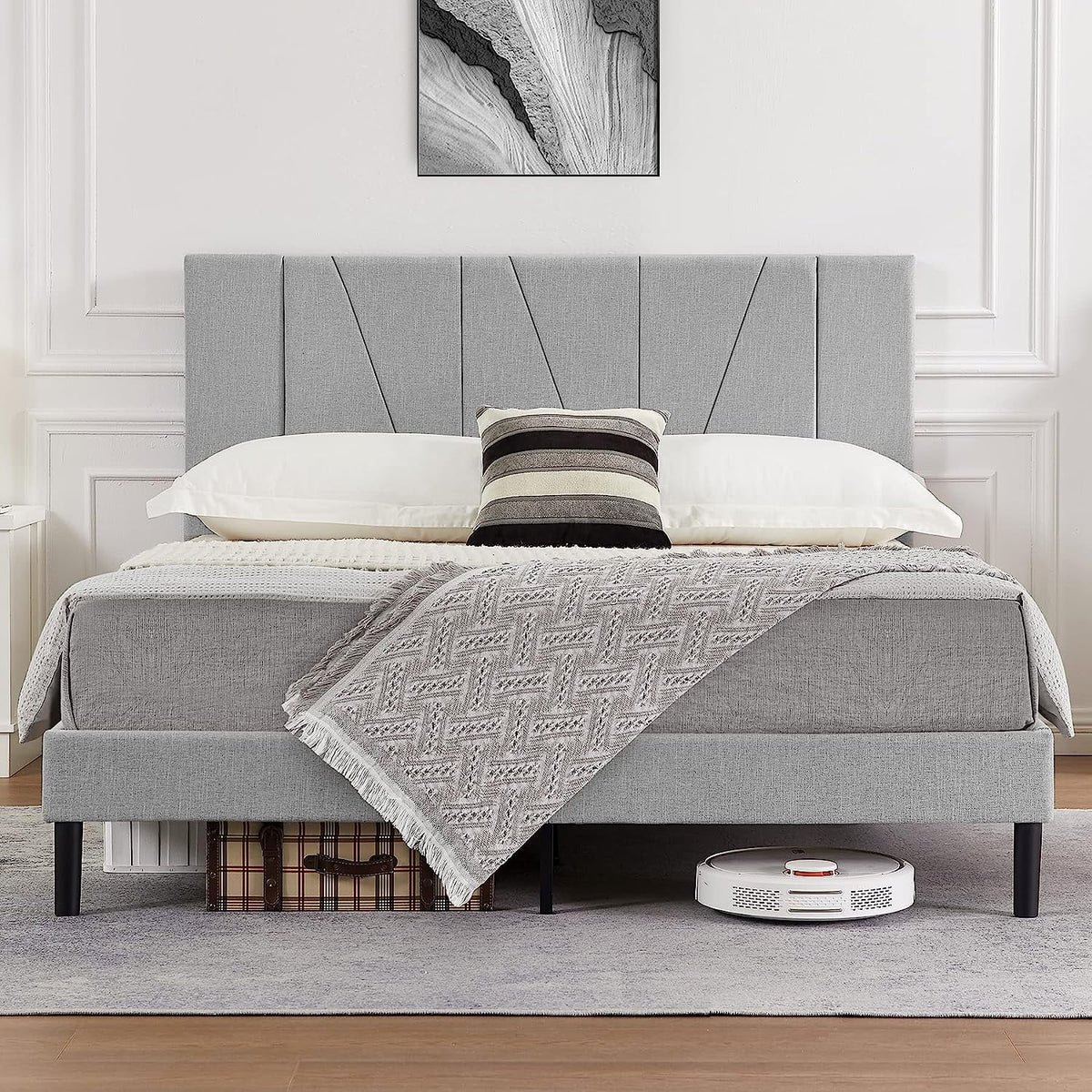 King Size Beige Fabric Upholstered Platform Bed Frame D75168