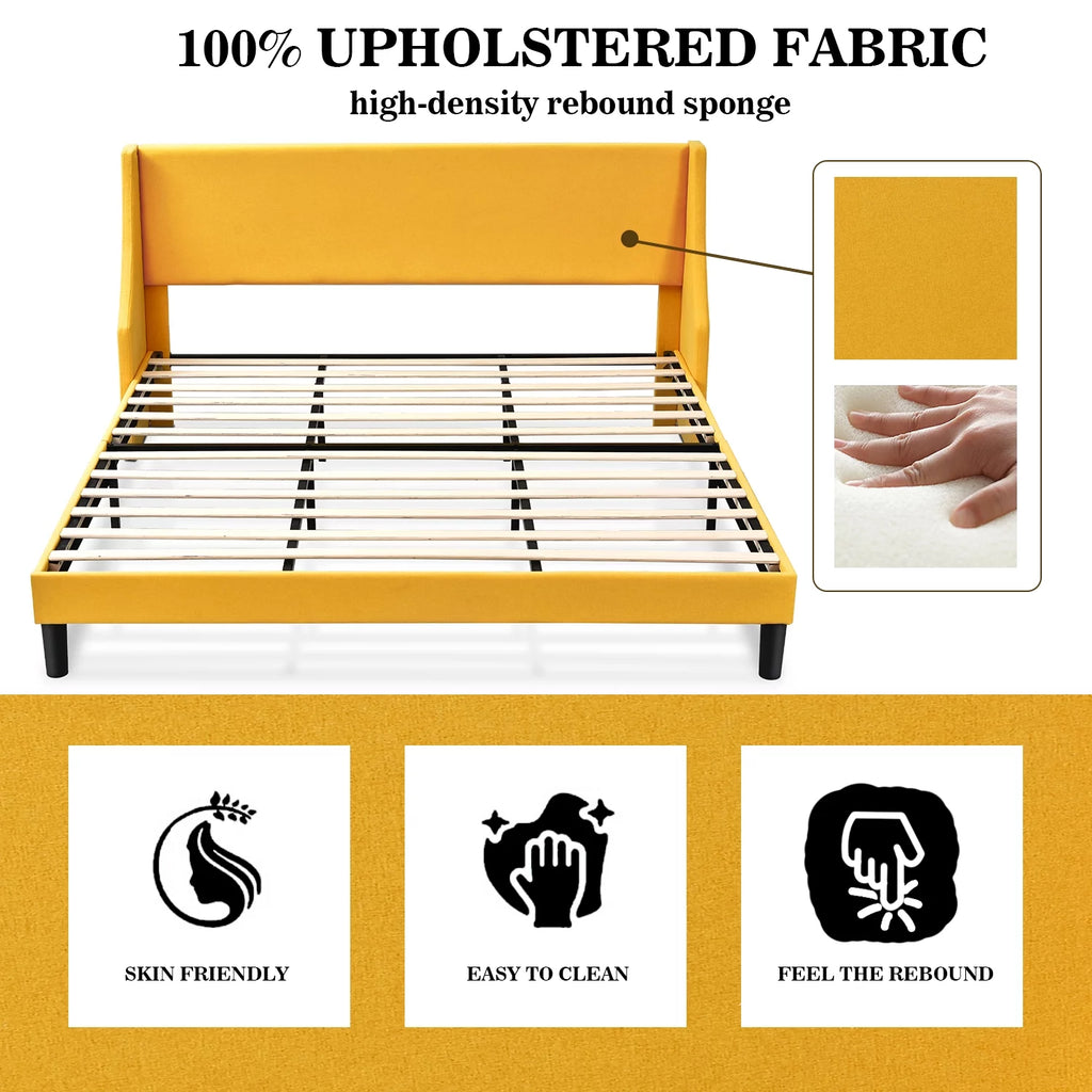 Queen Size Light Grey Upholstered Platform Bed Frame with Wingback Headboard P97254