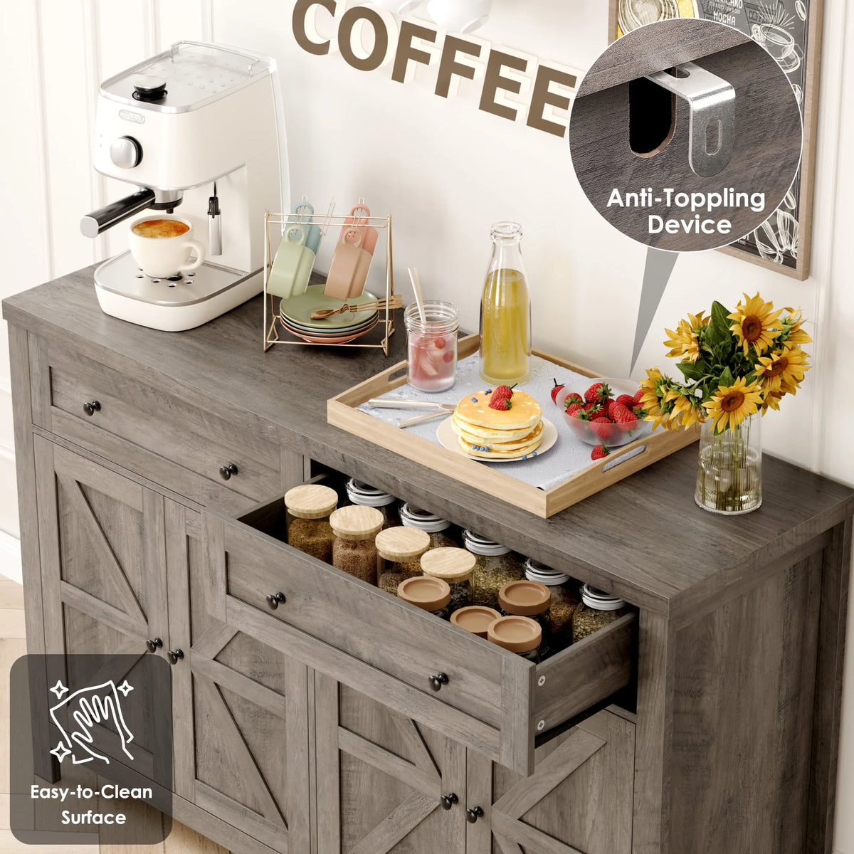 Gray 4-Doors 2-Drawers Wood Buffet Sideboard C4901