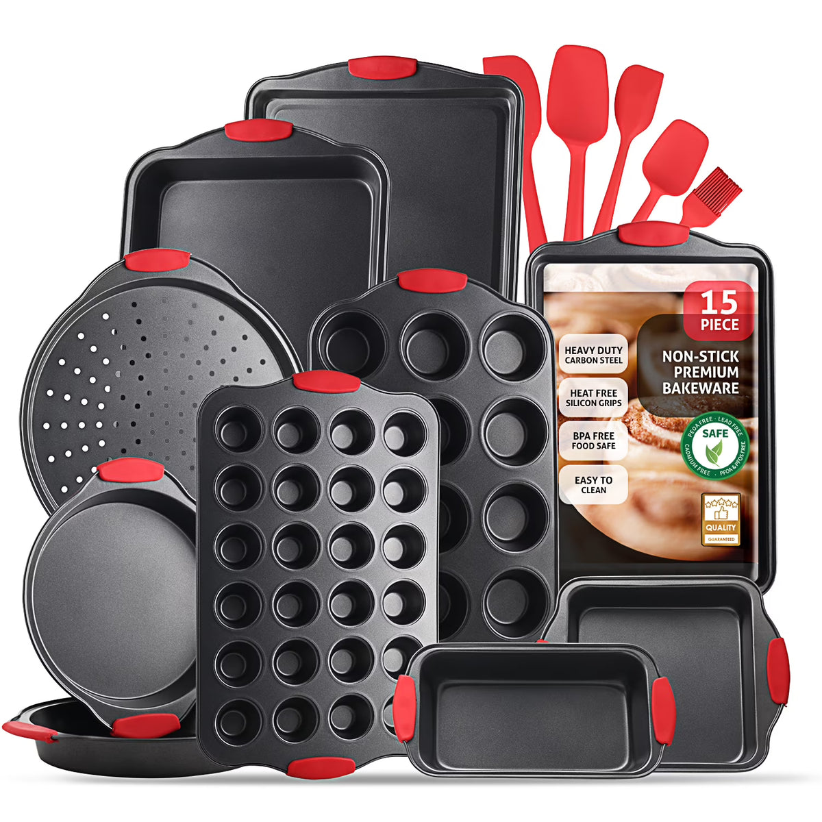 15 PC Nonstick Carbon Steel Bakeware Set with Silicone Handles T17414