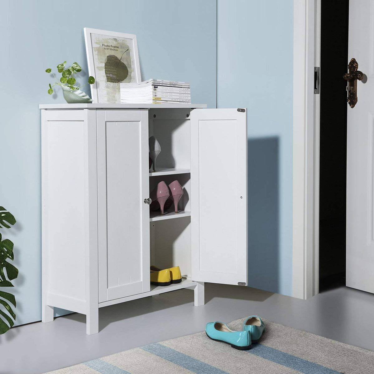 White Free Standing Bathroom Floor Cabinet with Double Doors and Adjustable Shelf J4367