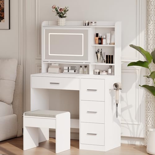 White Vanity Desk with Mirror and Chair B704298