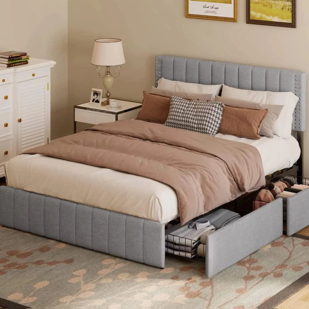 Light Grey Full Size Bed Frame with Storage Drawers E446966