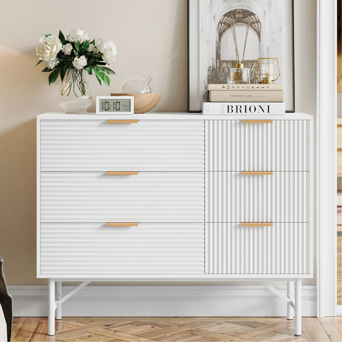 Creamy 6 Drawer Wood Dresser with Metal Base M882