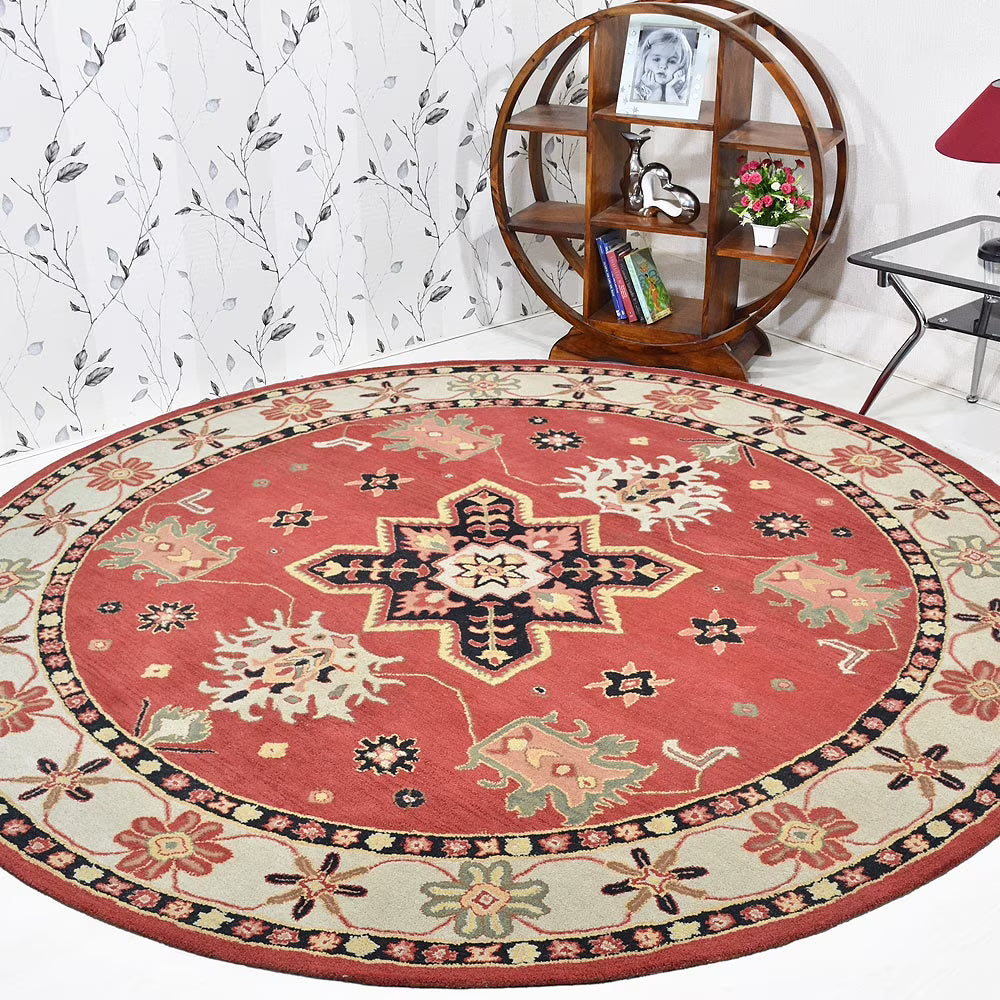 10'x10' Round Red Cream Hand Tufted Wool Area Rug O19679