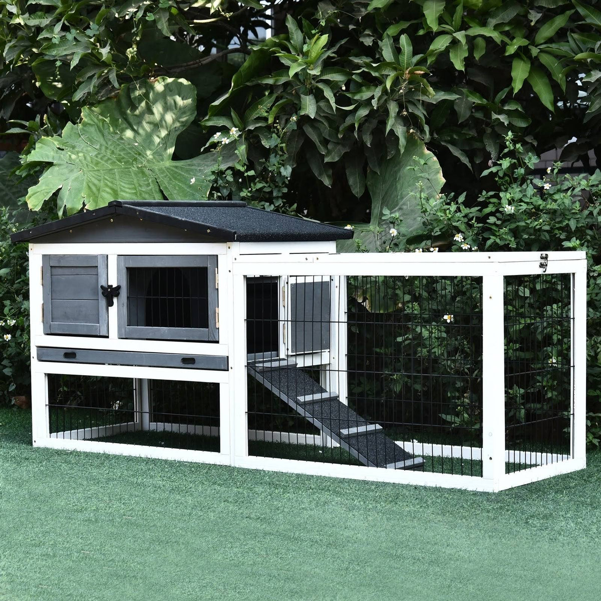 Solid Wood Rabbit Hutch with Black Metal Cage and Easy Clean Tray Q7798