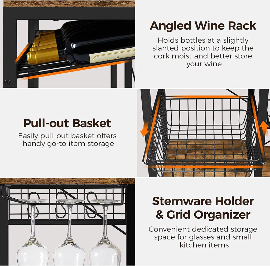 Wooden Kitchen Bakers Rack with Wine Rack and 12 Hooks A97578