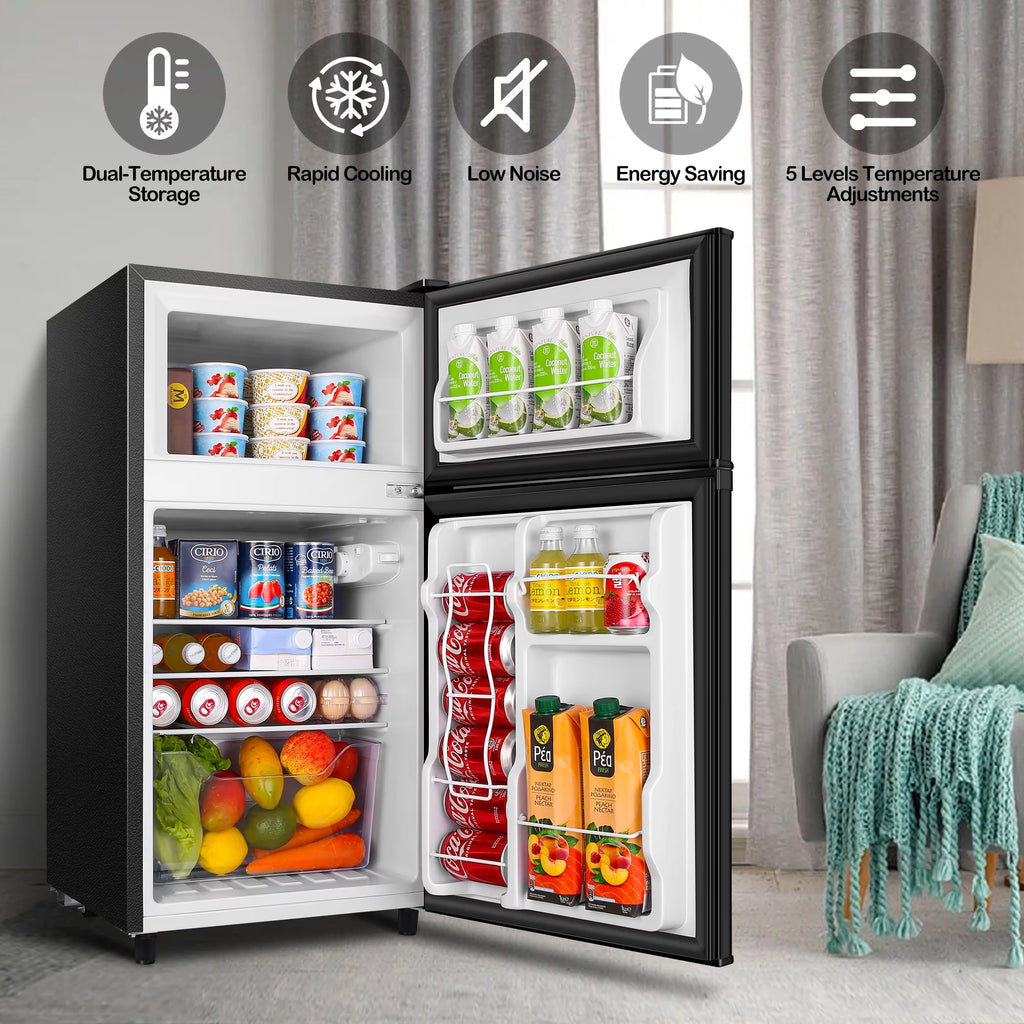 Two Door Mini Fridge with Freezer, 3.5 Cu ft, Black I125