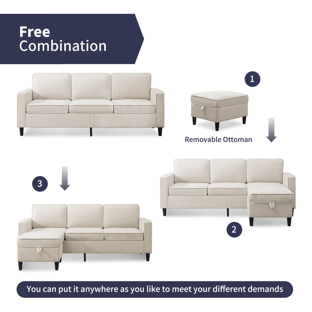Beige Convertible Sectional Sofa Couch with Storage Ottoman A5396