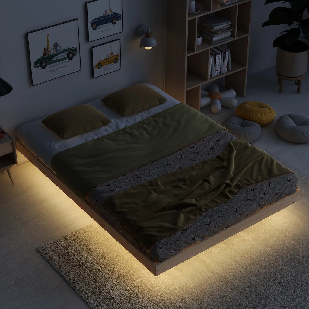 Full Size Grey Pinewood Floating Platform Bed with LED Lights X3267