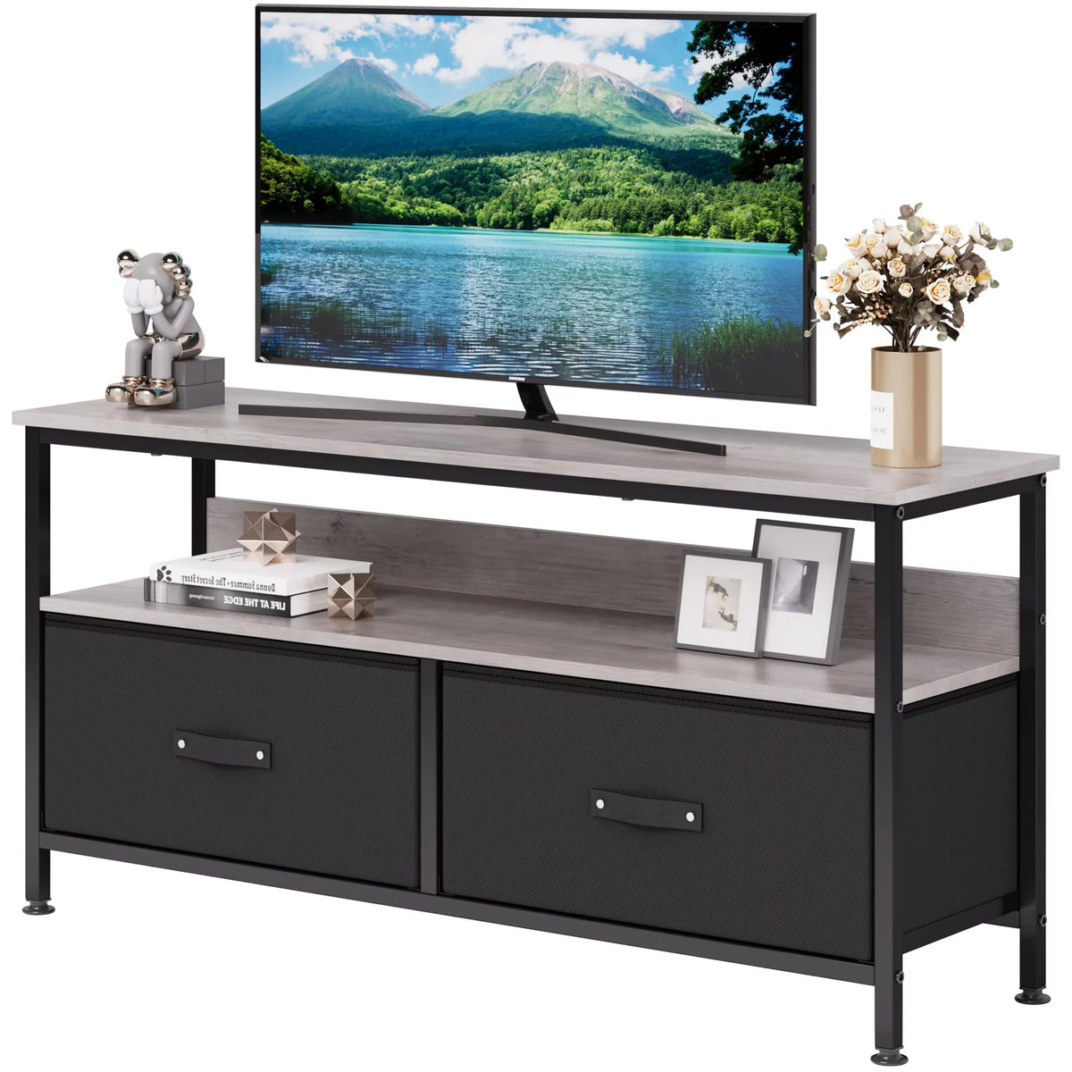 Grey Dresser TV Stand with Drawers and Shelves X9169