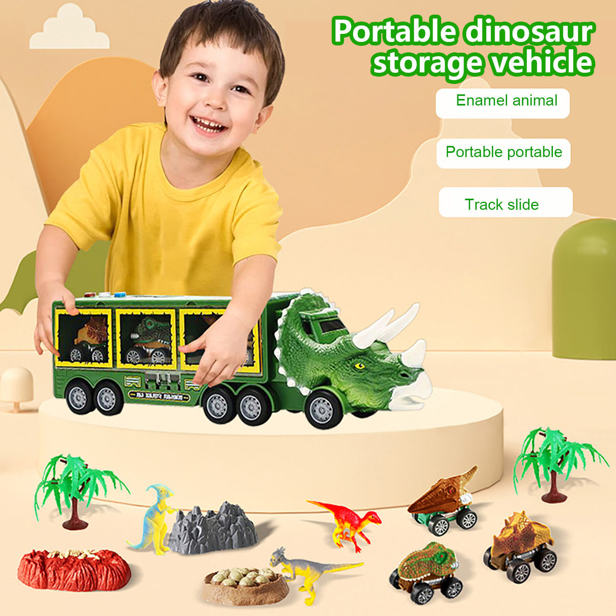 Dinosaur Transport Truck Carrier Toy Car With Dinosaurs Helicopter Portable Handle K2882