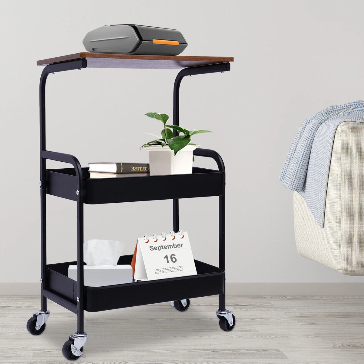 3 Tier Rolling Printer Cart with Wheel (Black+Brown) C6754