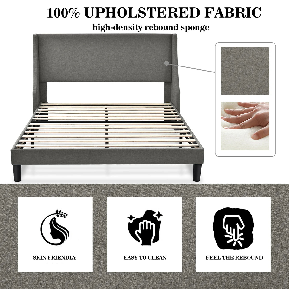 Queen Size Light Grey Upholstered Platform Bed Frame with Wingback Headboard P97254