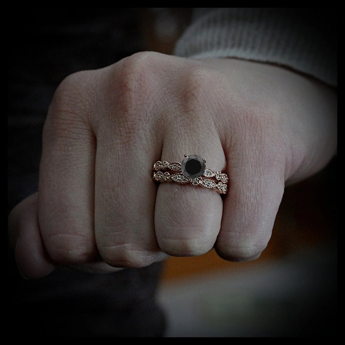 10k Rose Gold Bridal Set with Black Diamond and White Diamond M894