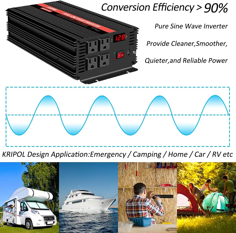 1500 Watt Pure Sine Wave Power Inverter 12V DC to 110V AC 60HZ with 4 AC Outlets and 1 USB Output I241