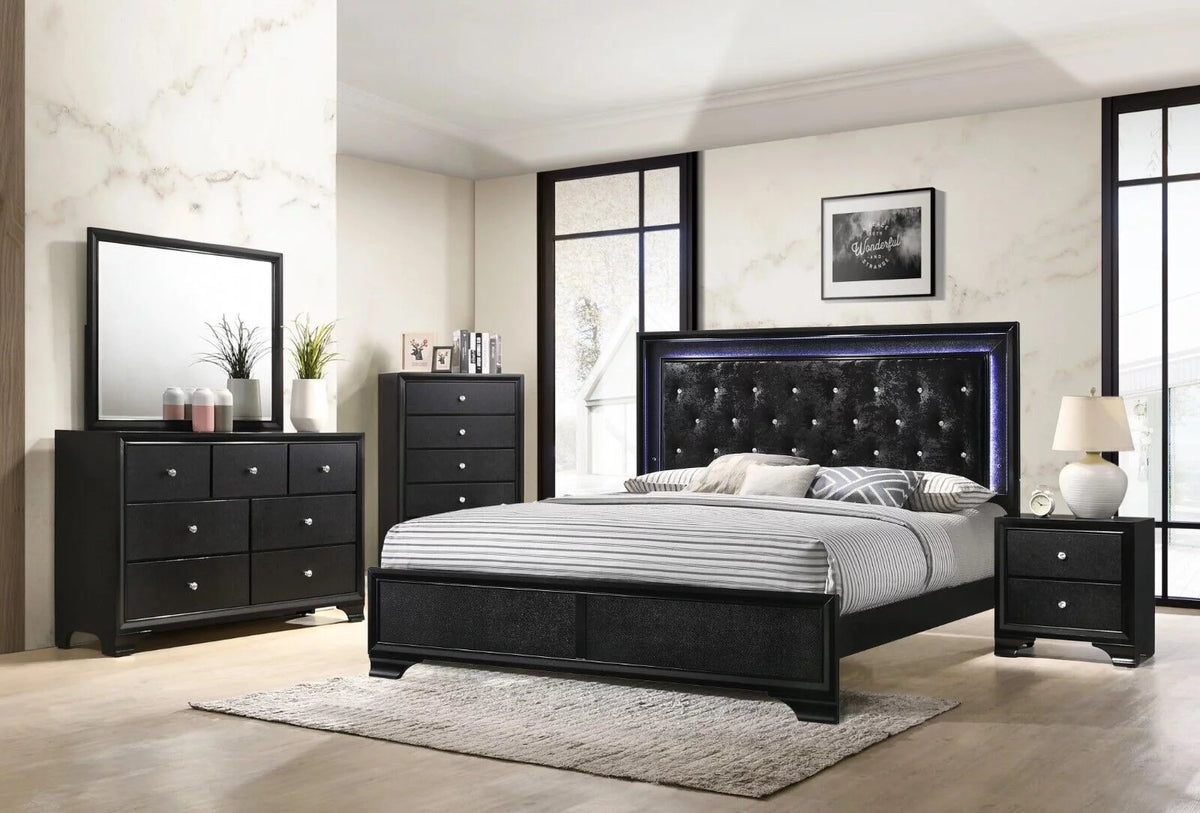 King Size Upholstery LED Bed Dresser Mirror Nightstand Set I9133